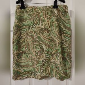 Worthington Green Paisley 100% Silk Skirt W/ Sequins,  Midi Pencil, Size 12